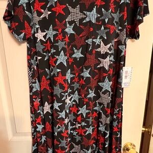 LuLaRoe Carly Black Dress with Red White and Light Blue Star Patterns